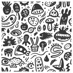 Abstract Black and White Doodle Pattern with Various Shapes and Creatures