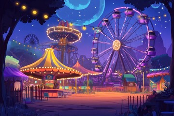 A carnival scene with colorful rides, games, and a Ferris wheel lit up with bright lights.