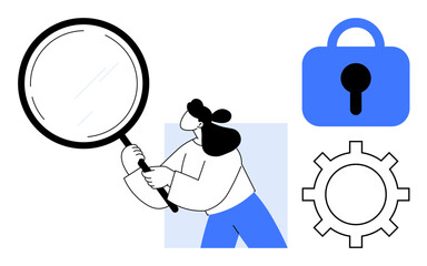 A woman holds a magnifying glass, with a lock icon and a gear symbol beside her. Ideal for themes of security data analysis technology research and user settings. Clean minimalistic style