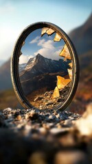 Enchanting mountain reflected in broken mirror during springtime transition