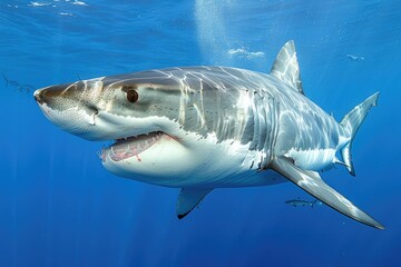 Fototapeta premium A Great White Shark Swimming Underwater With Its Mouth Open
