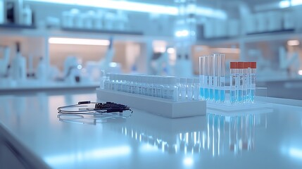 Artistic shot of lab equipment including pipettes, tongs, and test tube holders organized on a glossy white workbench, soft reflections adding depth,