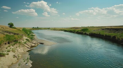 Natural stream in arid environment, calm water with vegetation on either side.