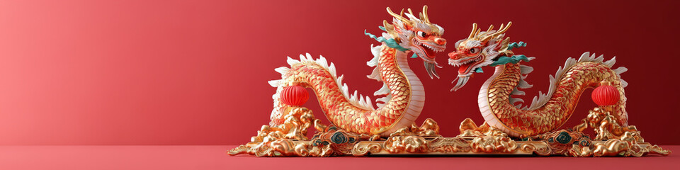 Fototapeta premium A banner of Chinese dancing dragon in conner, decoration by red lantern, gold elements. copy space in center, red background