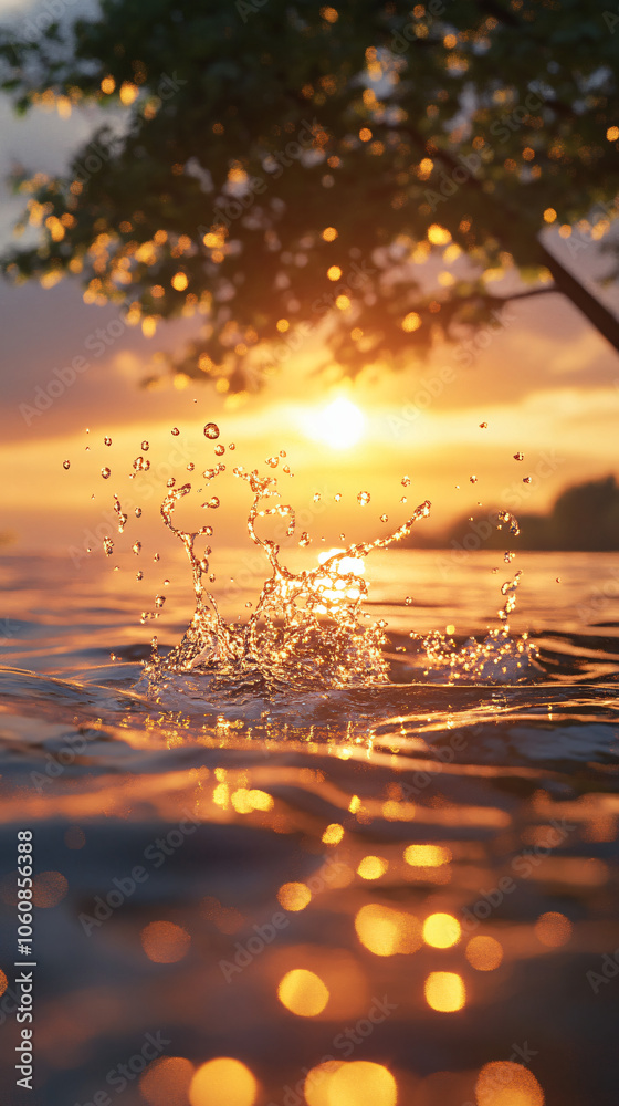 Aufkleber golden hour sunset at the lake with splashing water and a blurred tree in the background