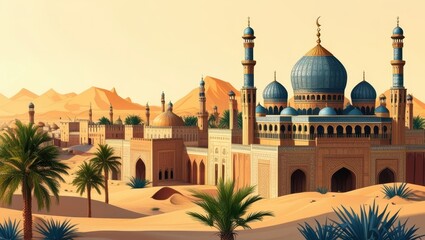Middle Eastern architecture, grand mosque, golden domes, minarets, desert landscape, sand dunes, palm trees, sunset lighting, vibrant colors, detailed illustration, Arabian fantasy, Islamic art style,