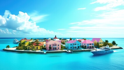 Obraz premium Tropical paradise, colorful Caribbean houses, vibrant pastel buildings, turquoise water, luxury yacht, sunny day, clear blue sky, white puffy clouds, idyllic coastal town, Nassau Bahamas, photorealist