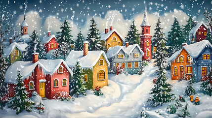 Naklejka premium A charming winter village scene featuring colorful houses, snow-covered rooftops, pine trees, and falling snowflakes, perfect for the holiday season. Snowy Village. Illustration