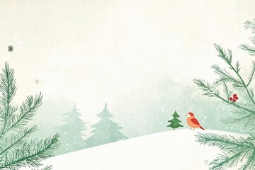 Winter Wonderland Birdscape: A serene winter scene with two cardinals perched amidst snow-covered pine branches and distant evergreen trees.  Perfect for holiday cards or winter-themed designs. 