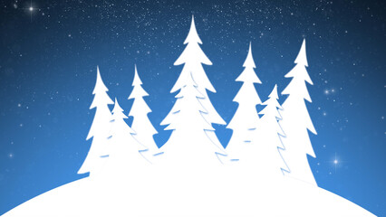 Illustrated winter snowy landscape with trees on blue snowy sky background.	
