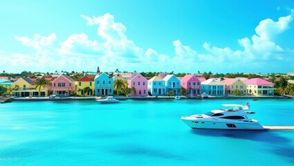 Obraz premium Tropical paradise, colorful Caribbean houses, vibrant pastel buildings, turquoise water, luxury yacht, sunny day, clear blue sky, white puffy clouds, idyllic coastal town, Nassau Bahamas, photorealist