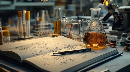 Close-up of a lab notebook with detailed sketches and notes, a pen resting on the page, surrounded by basic lab equipment like test tubes and a pipette,