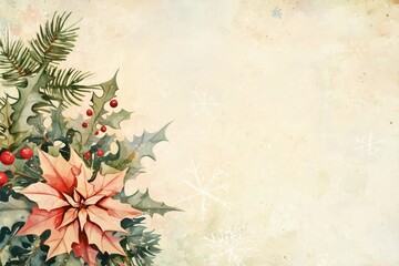 Vintage Christmas Poinsettia Border: A delicate watercolor painting of a poinsettia, holly, and pine branches creates a charming vintage Christmas border. Perfect for invitations, cards.