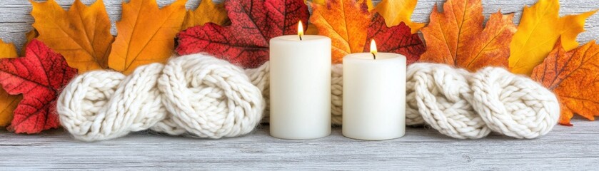 Cozy Rustic Autumn Scene with Knitted Blankets and Candles