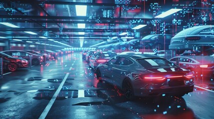 Self driving cars are moving through a technologically advanced parking garage, benefiting from an augmented reality interface projecting data and information onto the environment