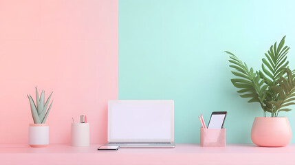 Minimalist workspace with laptop, plants, and stationery in pastel colors