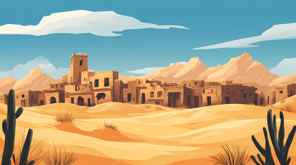 A desert landscape showing wind-swept sand dunes encroaching on an abandoned town. Wind-swept Desert. Illustration