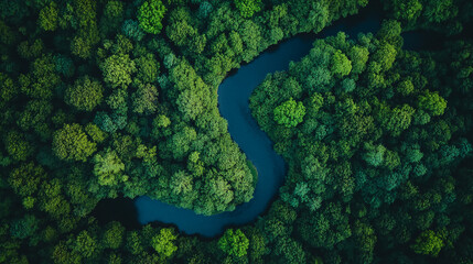An aerial view of a winding river flowing through a lush green forest