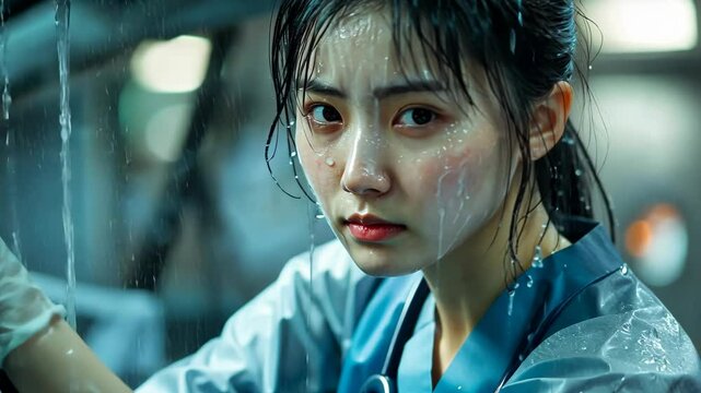 A woman wearing a blue scrubs stands in the rain, her face and hair wet