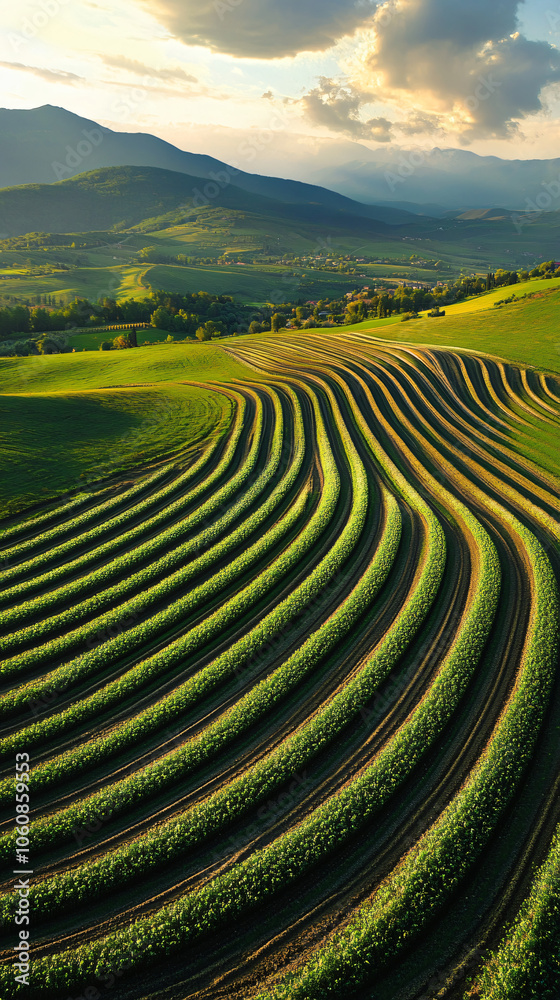 Poster green crops growing in curved rows on a hillside farm illuminated by the golden light of the setting
