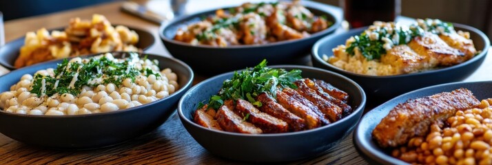 Obraz premium Classic french cassoulet flat lay with white beans and grilled meats for culinary inspiration