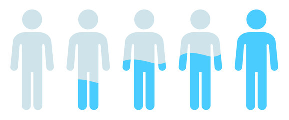 Human body silhouette with blue liquid water level. Infographic showing water percentage level in human body. Vector illustration.