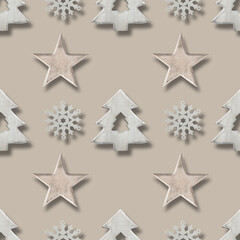 Obraz premium Seamless pattern of Christmas wooden white reindeer, snowflakes, xmas tree on neutral beige background in Scandinavian style. Xmas scandi abstract wallpaper for fabric prints or wrapping paper.