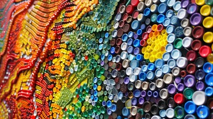 A large mural made entirely out of recycled bottle caps highlighting the beauty of repurposing seemingly small items.