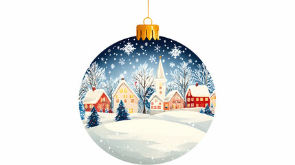 A flat design of a christmas ornament with a detailed illustration of a snowy village scene, including houses, trees, and a star studded sky. Snowy Village. Illustration