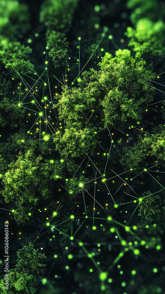 Poster network linking illuminated green trees in a futuristic ecological concept