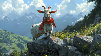 A goat with a playful scarf climbing a rocky hillside against lush green meadows. Lush Hillside. Illustration