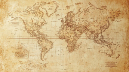 Vintage World Map with Sepia Tones and Antique Style
