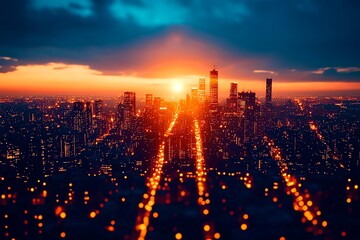 Fototapeta premium City skyline at sunset, vibrant lights illuminating the urban landscape.