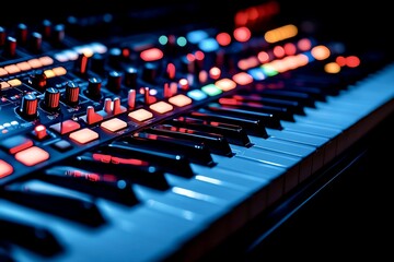 Close-up of a colorful synthesizer keyboard with illuminated buttons.