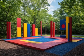 A children´s playground with equipment painted in bright reds, blues, and yellows. 