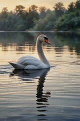 Fototapeta premium A beautiful white swan gracefully swims in a serene lake, reflecting its elegance in the calm water, surrounded by nature and wildlife