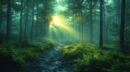 Obraz premium A sunbeam pierces through the dense forest canopy, illuminating a path in the mist.