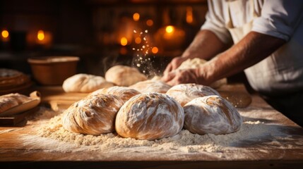 A baker is making bread on a wooden table