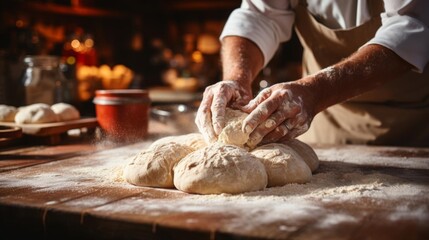 A baker is making bread on a wooden table