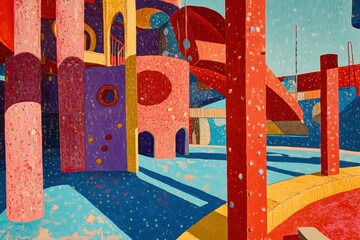 A children&acute;s playground with equipment painted in bright reds, blues, and yellows. 