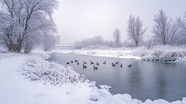 A snowy winter scene with a river and a flock of geese