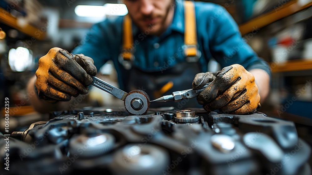 Fototapete mechanic working on engine with tools in workshop