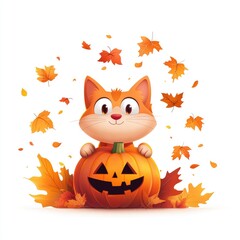 Cheerful Cartoon Cat with Pumpkin and Fall Leaves