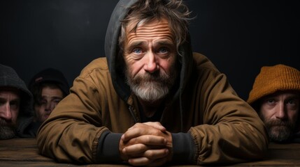 Obraz premium A man with a beard and a hat is sitting on a table with other men