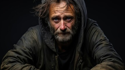 Fototapeta premium A man with a beard and a hooded sweatshirt is sitting on the ground