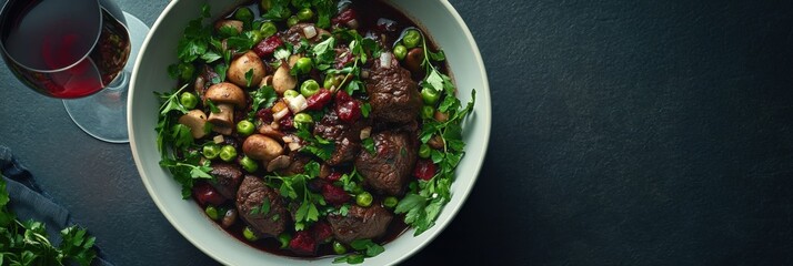 Gourmet dining experience: beef bourguignon with red wine flat lay for culinary inspiration