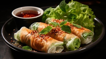Three rolls of food with green leaves on top