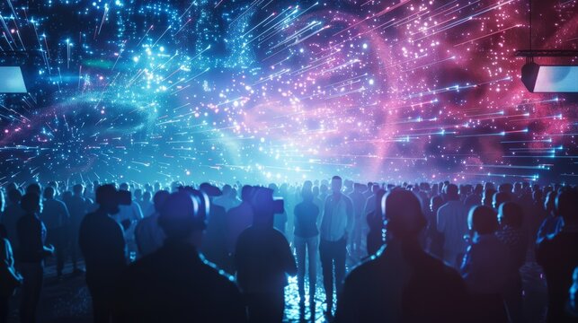 Crowd enjoying immersive virtual reality experience with fireworks exploding in the metaverse, showcasing future technology and entertainment