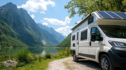 Scenic campervan adventure in spring amidst mountains and serene lake landscape