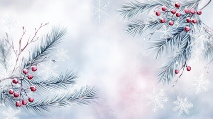 Winter watercolor background with text space for display, delicate pine branches glisten with frost, surrounded by vibrant red berries, all set against a soft winter landscape filled